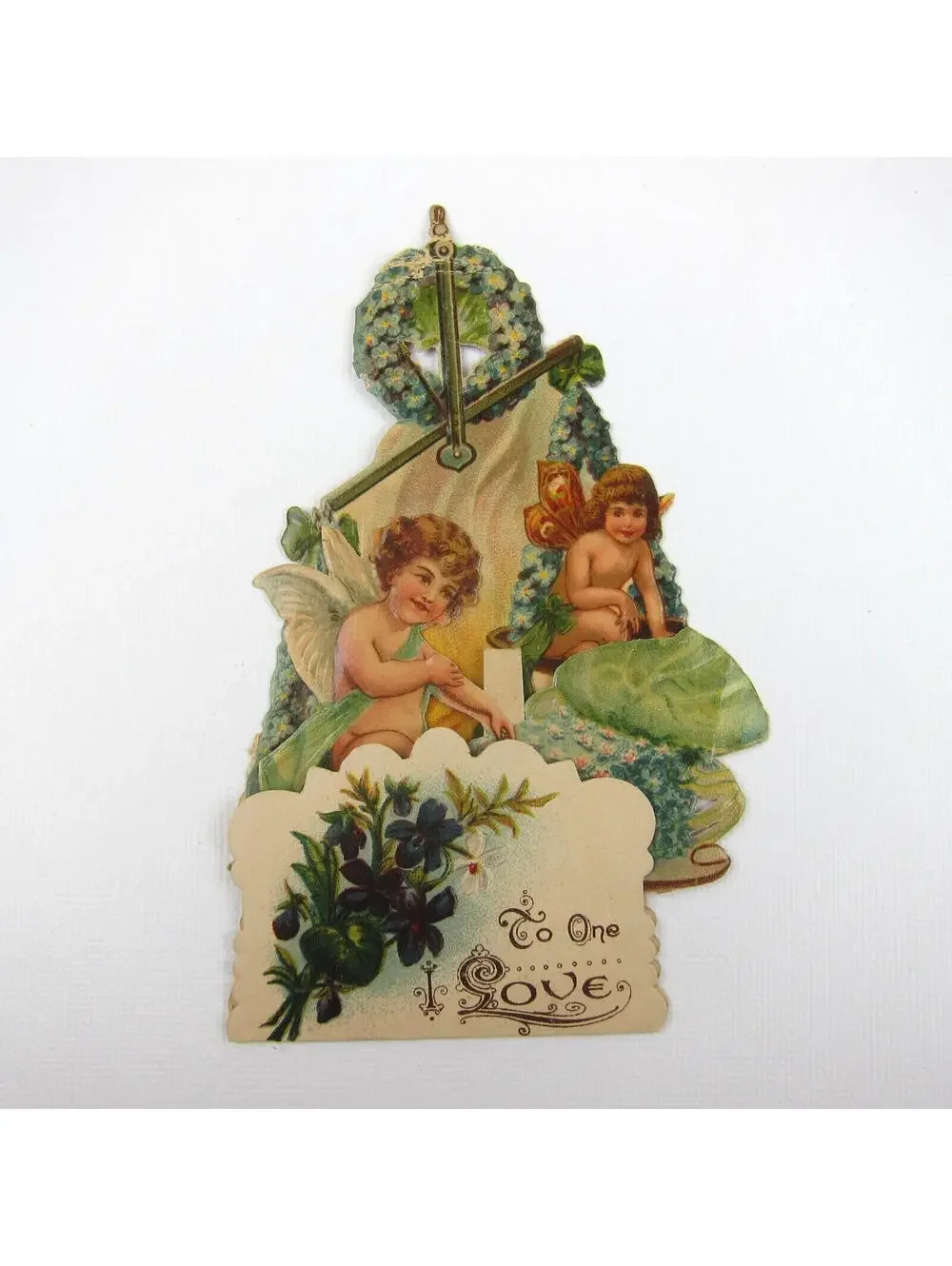 Vintage Valentine 3D Pop Up Die Cut Angel Boy Cupid Wings Scale Blue Flowers